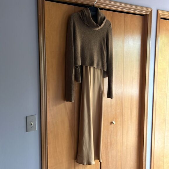 All Saints Dress Two in One Tierny Roll Neck Sweater Slip Midi Brown Camel Med - Picture 12 of 13